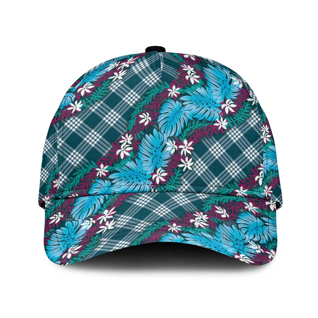 Polynesian Monstera Tiare Floral Classic Cap Dark Teal Tropical Plaid - Polynesian Pride