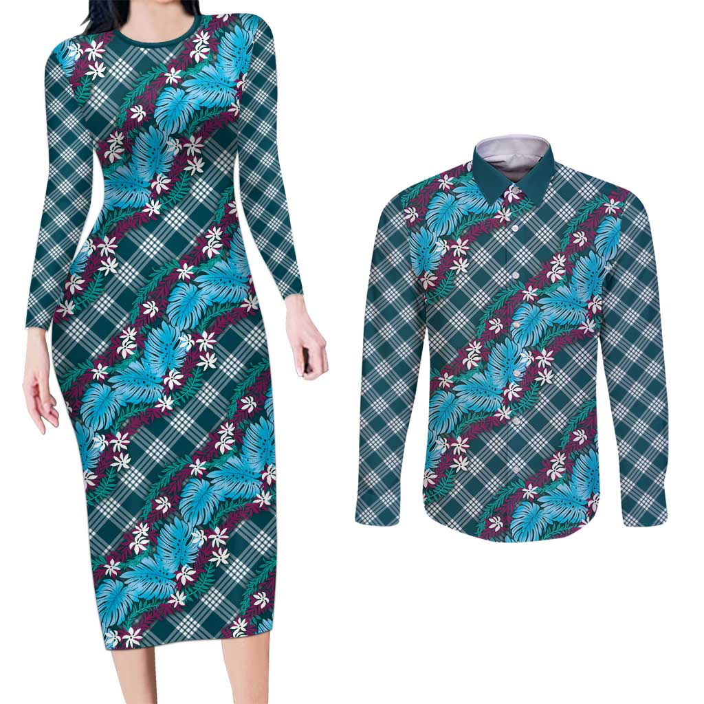 Polynesian Monstera Tiare Floral Couples Matching Long Sleeve Bodycon Dress and Long Sleeve Button Shirt Dark Teal Tropical Plaid - Polynesian Pride