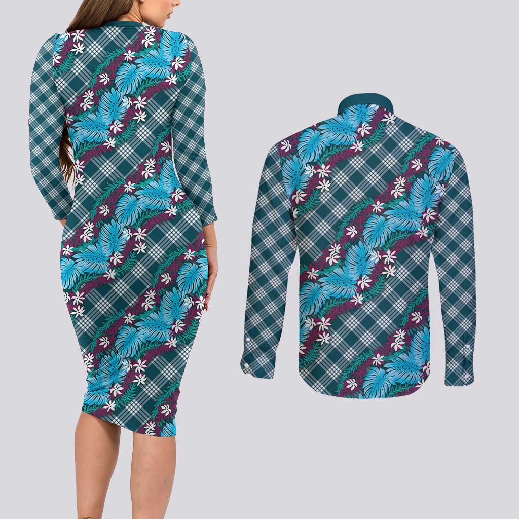 Polynesian Monstera Tiare Floral Couples Matching Long Sleeve Bodycon Dress and Long Sleeve Button Shirt Dark Teal Tropical Plaid - Polynesian Pride
