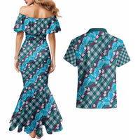 Polynesian Monstera Tiare Floral Couples Matching Mermaid Dress and Hawaiian Shirt Dark Teal Tropical Plaid - Polynesian Pride