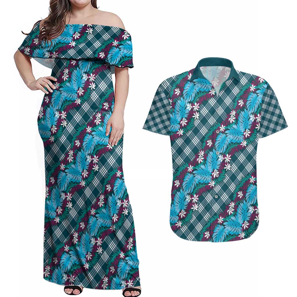 Polynesian Monstera Tiare Floral Couples Matching Off Shoulder Maxi Dress and Hawaiian Shirt Dark Teal Tropical Plaid - Polynesian Pride