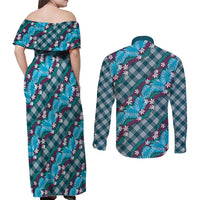 Polynesian Monstera Tiare Floral Couples Matching Off Shoulder Maxi Dress and Long Sleeve Button Shirt Dark Teal Tropical Plaid - Polynesian Pride
