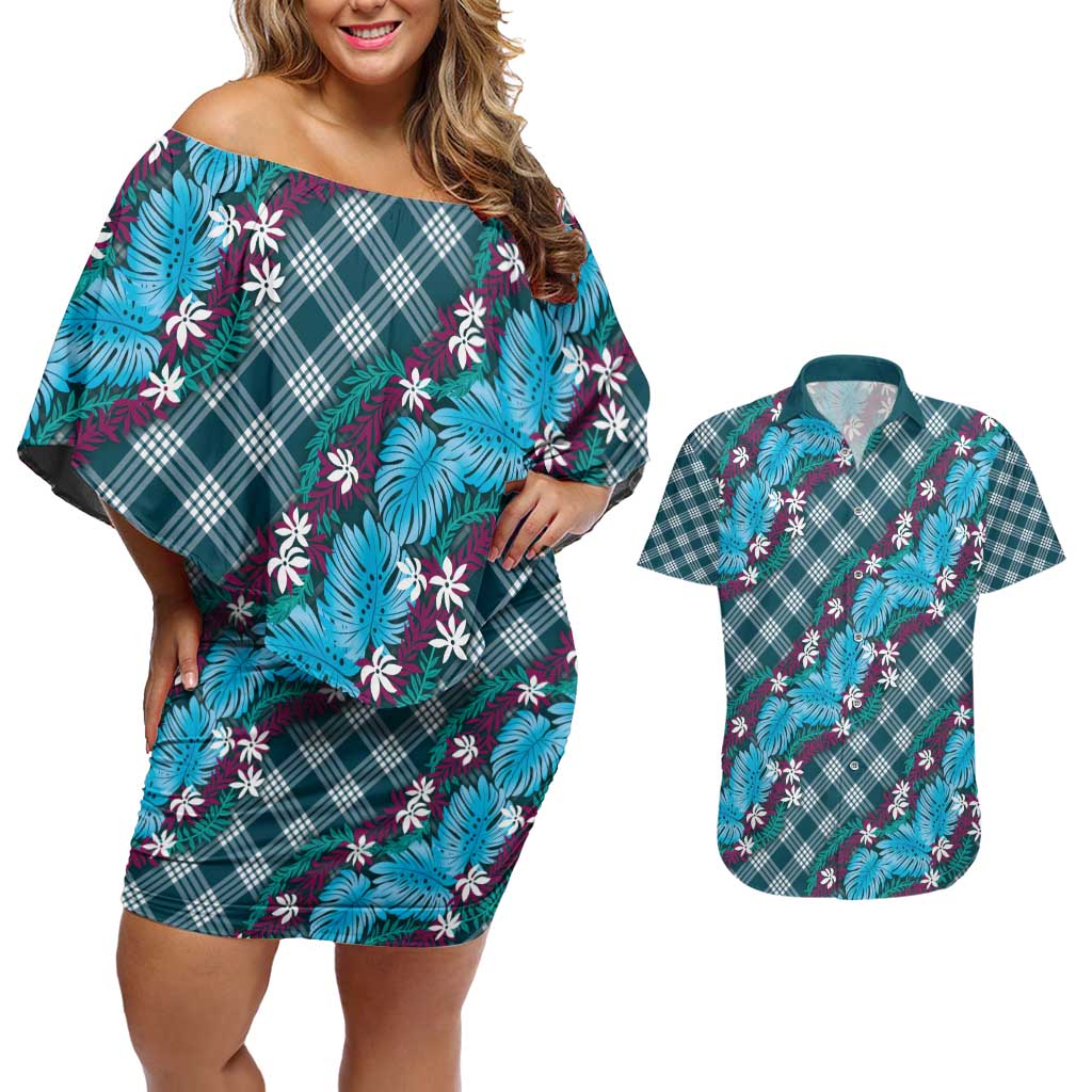 Polynesian Monstera Tiare Floral Couples Matching Off Shoulder Short Dress and Hawaiian Shirt Dark Teal Tropical Plaid - Polynesian Pride