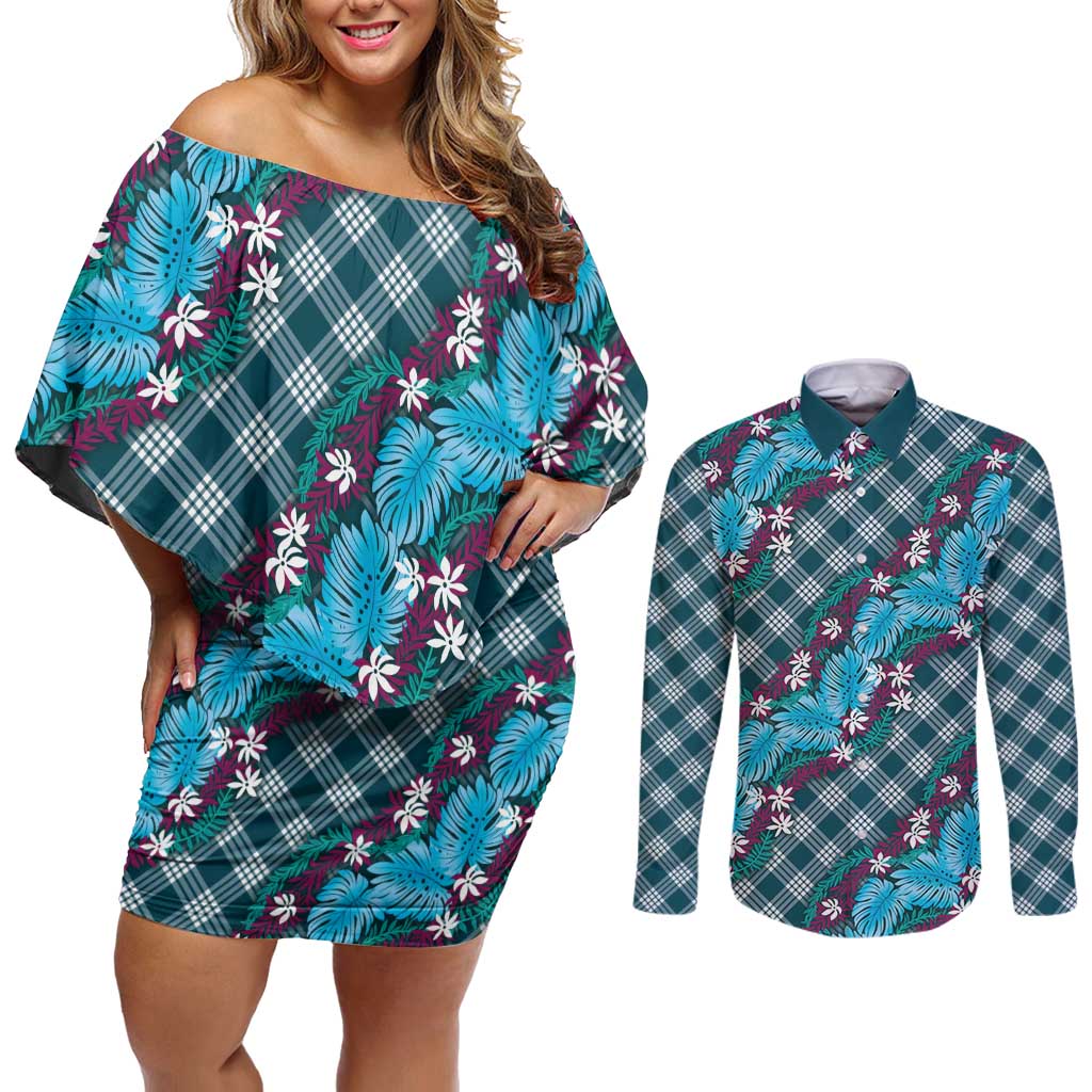 Polynesian Monstera Tiare Floral Couples Matching Off Shoulder Short Dress and Long Sleeve Button Shirt Dark Teal Tropical Plaid - Polynesian Pride