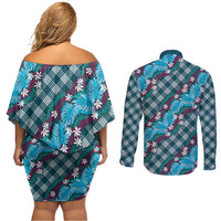 Polynesian Monstera Tiare Floral Couples Matching Off Shoulder Short Dress and Long Sleeve Button Shirt Dark Teal Tropical Plaid - Polynesian Pride