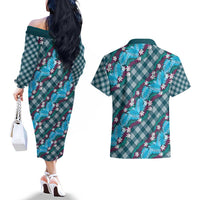 Polynesian Monstera Tiare Floral Couples Matching Off The Shoulder Long Sleeve Dress and Hawaiian Shirt Dark Teal Tropical Plaid - Polynesian Pride