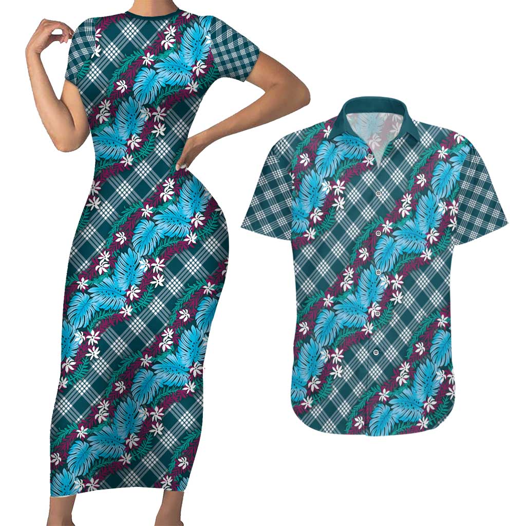 Polynesian Monstera Tiare Floral Couples Matching Short Sleeve Bodycon Dress and Hawaiian Shirt Dark Teal Tropical Plaid - Polynesian Pride