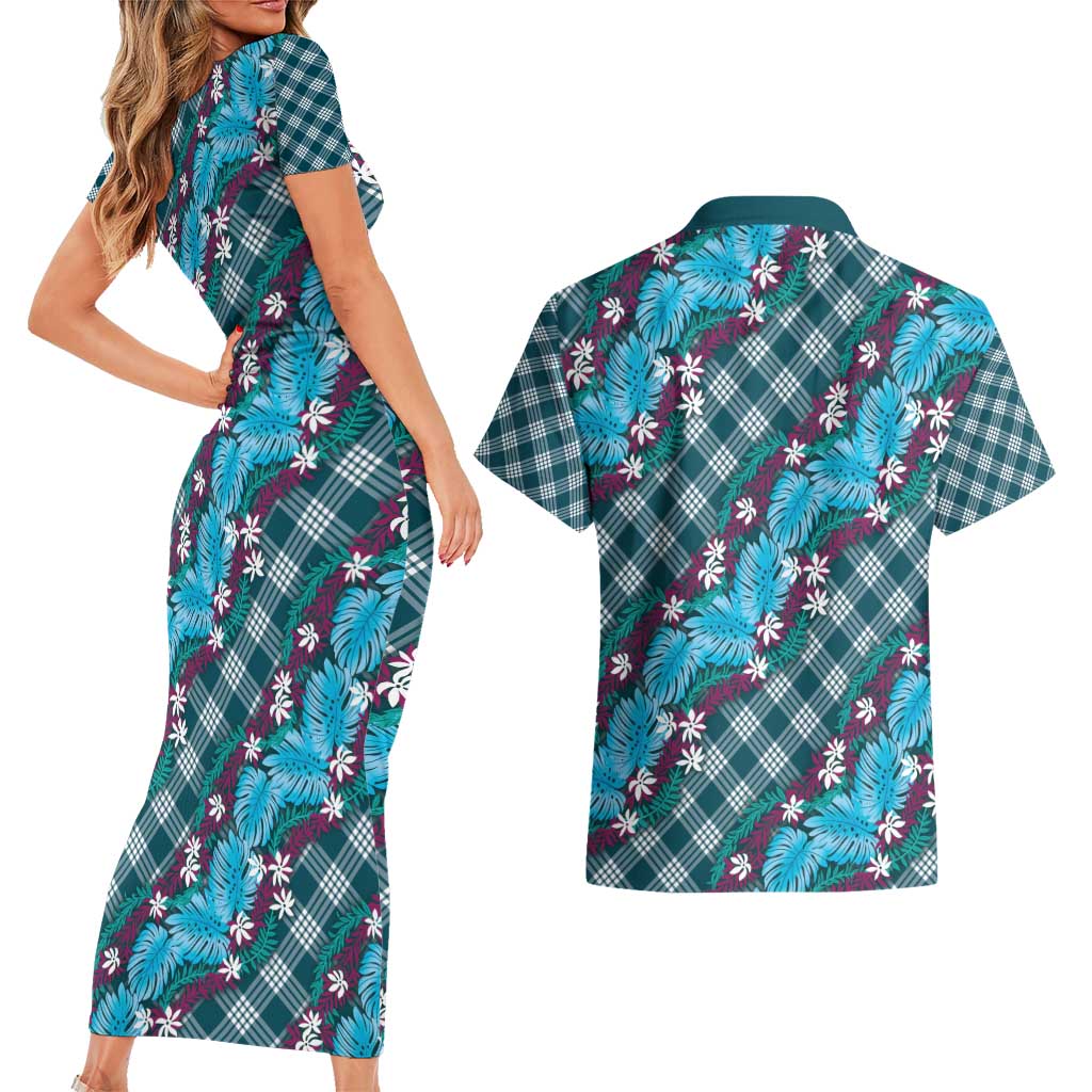 Polynesian Monstera Tiare Floral Couples Matching Short Sleeve Bodycon Dress and Hawaiian Shirt Dark Teal Tropical Plaid - Polynesian Pride