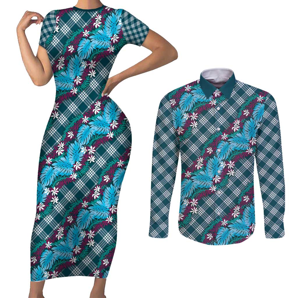 Polynesian Monstera Tiare Floral Couples Matching Short Sleeve Bodycon Dress and Long Sleeve Button Shirt Dark Teal Tropical Plaid - Polynesian Pride
