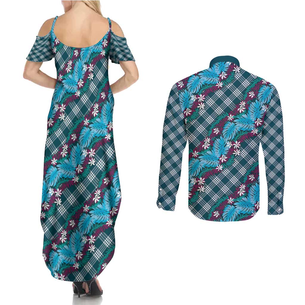 Polynesian Monstera Tiare Floral Couples Matching Summer Maxi Dress and Long Sleeve Button Shirt Dark Teal Tropical Plaid - Polynesian Pride