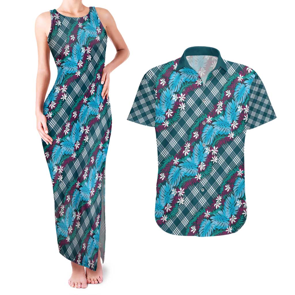 Polynesian Monstera Tiare Floral Couples Matching Tank Maxi Dress and Hawaiian Shirt Dark Teal Tropical Plaid - Polynesian Pride