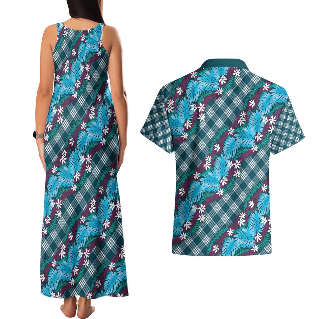 Polynesian Monstera Tiare Floral Couples Matching Tank Maxi Dress and Hawaiian Shirt Dark Teal Tropical Plaid - Polynesian Pride