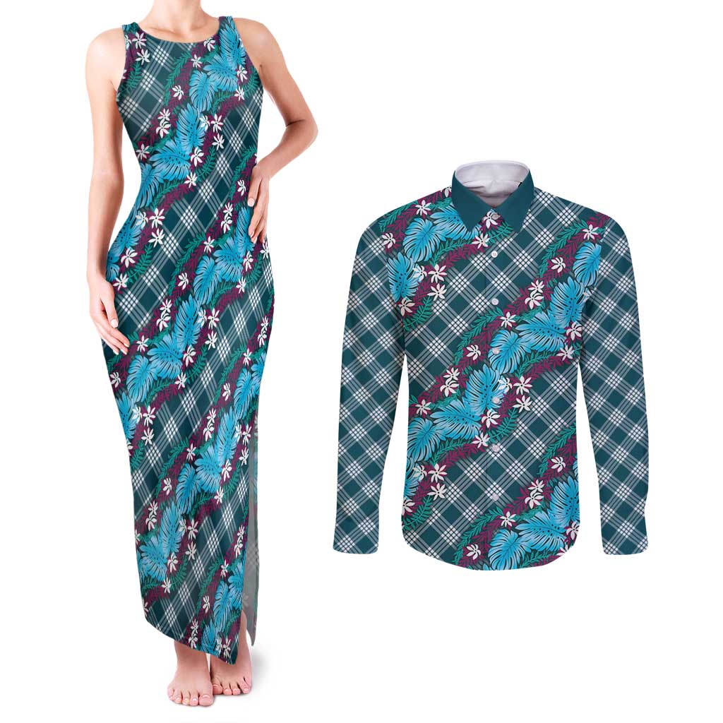 Polynesian Monstera Tiare Floral Couples Matching Tank Maxi Dress and Long Sleeve Button Shirt Dark Teal Tropical Plaid - Polynesian Pride