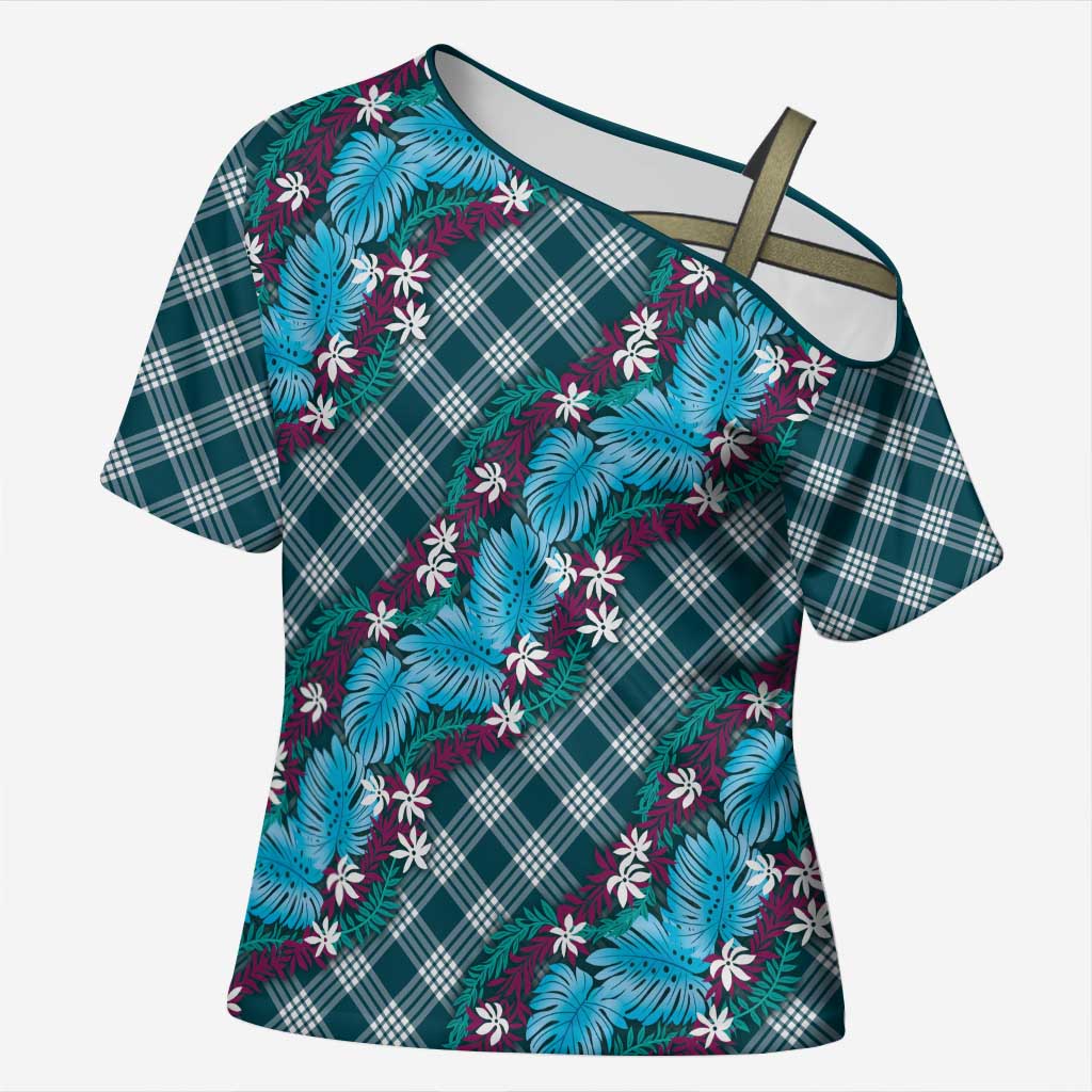 Polynesian Monstera Tiare Floral Cross Shoulder Shirt Dark Teal Tropical Plaid - Polynesian Pride