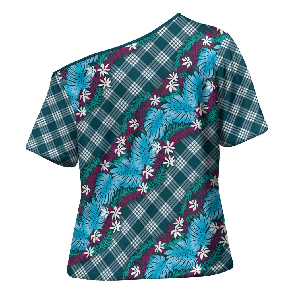 Polynesian Monstera Tiare Floral Cross Shoulder Shirt Dark Teal Tropical Plaid - Polynesian Pride