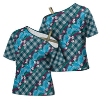 Polynesian Monstera Tiare Floral Cross Shoulder Shirt Dark Teal Tropical Plaid - Polynesian Pride