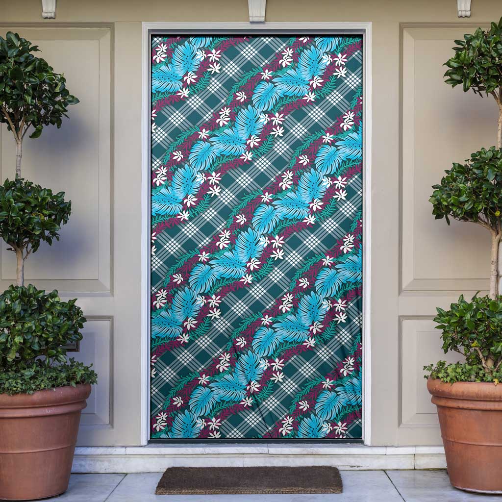 Polynesian Monstera Tiare Floral Door Cover Dark Teal Tropical Plaid - Polynesian Pride