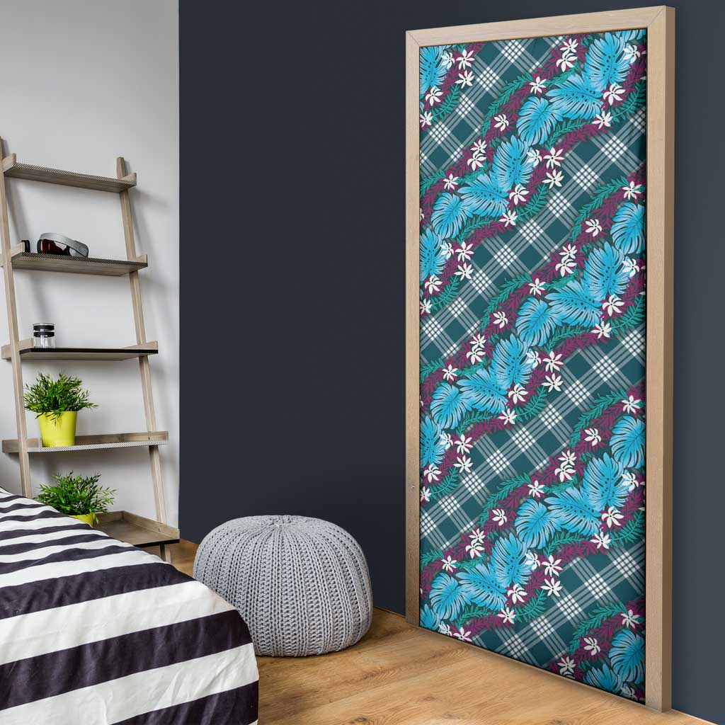 Polynesian Monstera Tiare Floral Door Cover Dark Teal Tropical Plaid - Polynesian Pride