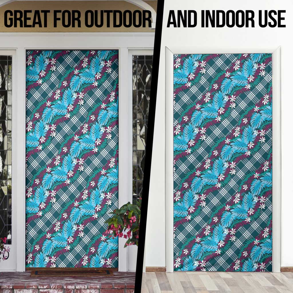 Polynesian Monstera Tiare Floral Door Cover Dark Teal Tropical Plaid - Polynesian Pride