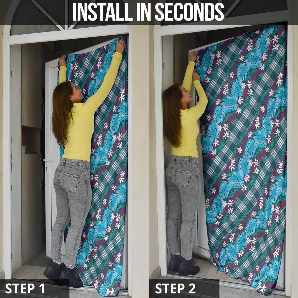 Polynesian Monstera Tiare Floral Door Cover Dark Teal Tropical Plaid - Polynesian Pride