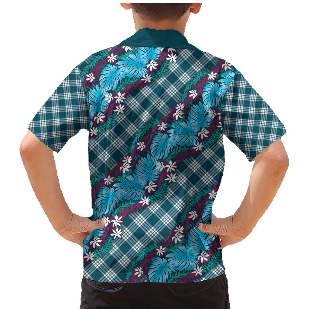 Polynesian Monstera Tiare Floral Family Matching Mermaid Dress and Hawaiian Shirt Dark Teal Tropical Plaid - Polynesian Pride