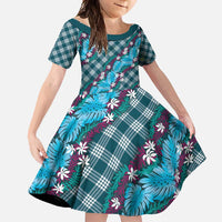 Polynesian Monstera Tiare Floral Family Matching Mermaid Dress and Hawaiian Shirt Dark Teal Tropical Plaid - Polynesian Pride