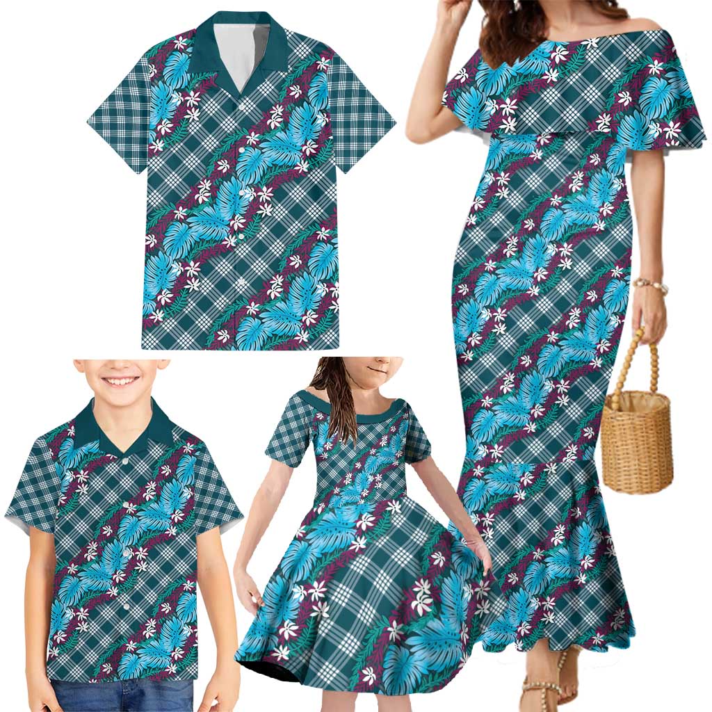 Polynesian Monstera Tiare Floral Family Matching Mermaid Dress and Hawaiian Shirt Dark Teal Tropical Plaid - Polynesian Pride