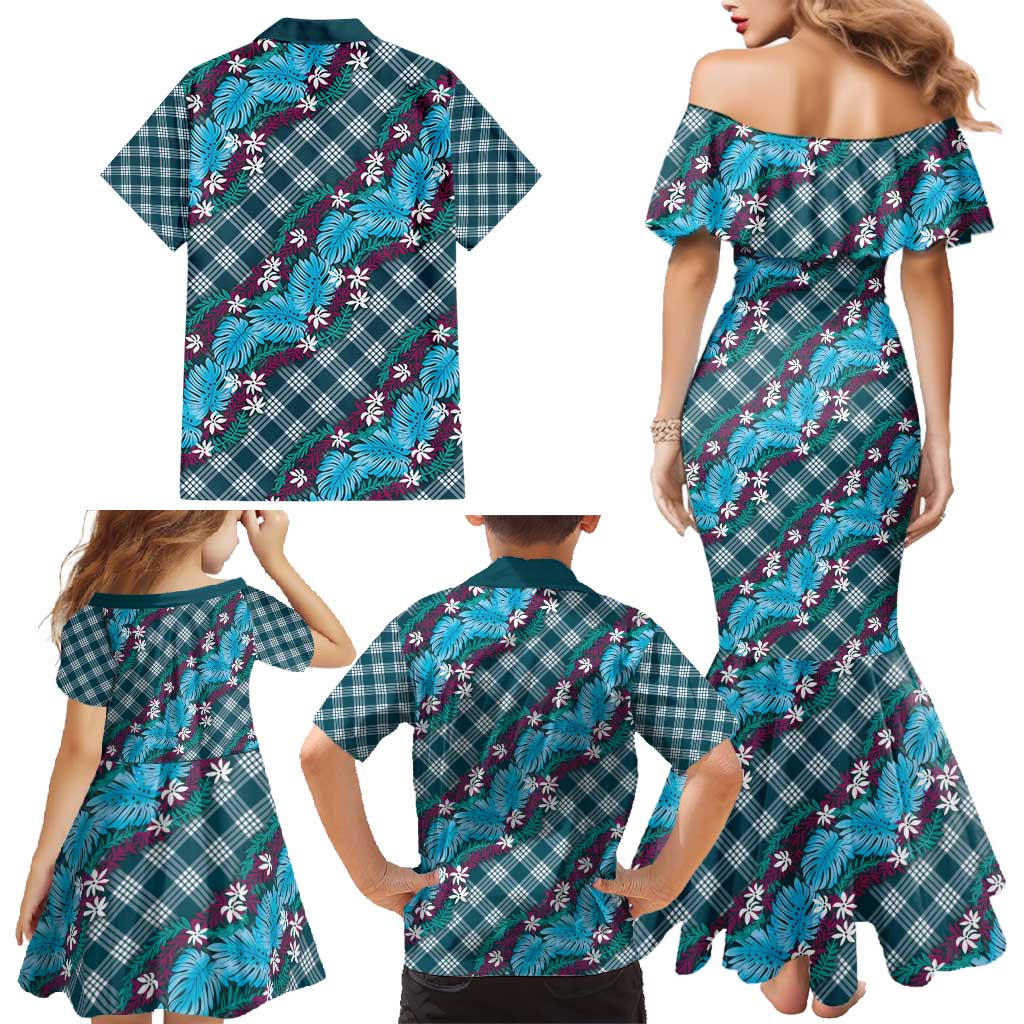 Polynesian Monstera Tiare Floral Family Matching Mermaid Dress and Hawaiian Shirt Dark Teal Tropical Plaid - Polynesian Pride