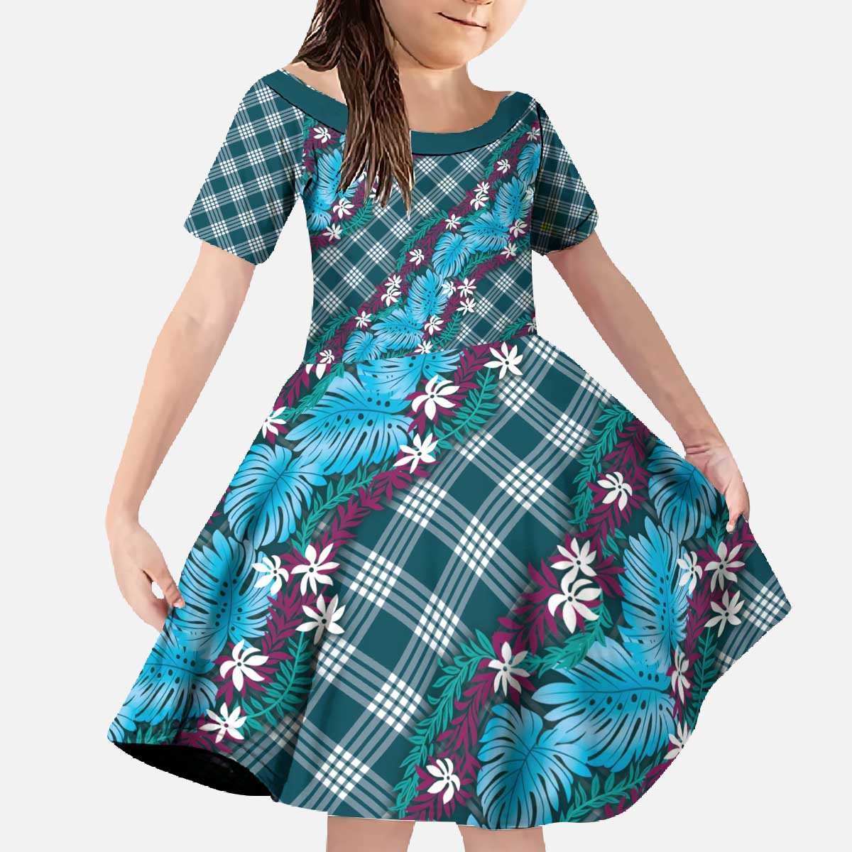 Polynesian Monstera Tiare Floral Family Matching Off The Shoulder Long Sleeve Dress and Hawaiian Shirt Dark Teal Tropical Plaid - Polynesian Pride