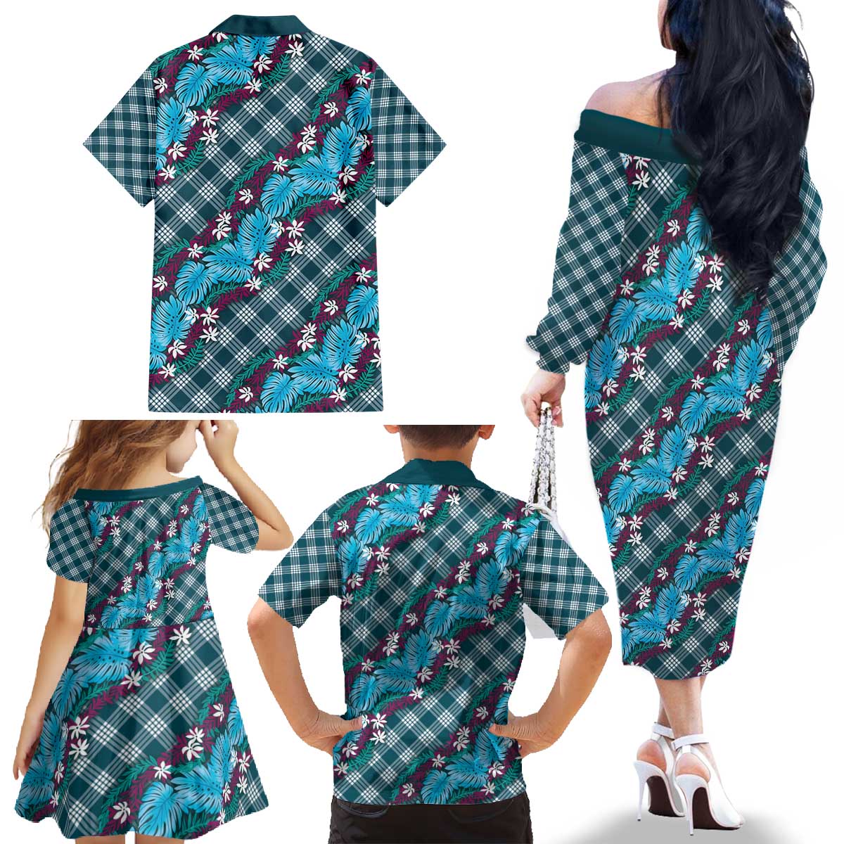 Polynesian Monstera Tiare Floral Family Matching Off The Shoulder Long Sleeve Dress and Hawaiian Shirt Dark Teal Tropical Plaid - Polynesian Pride
