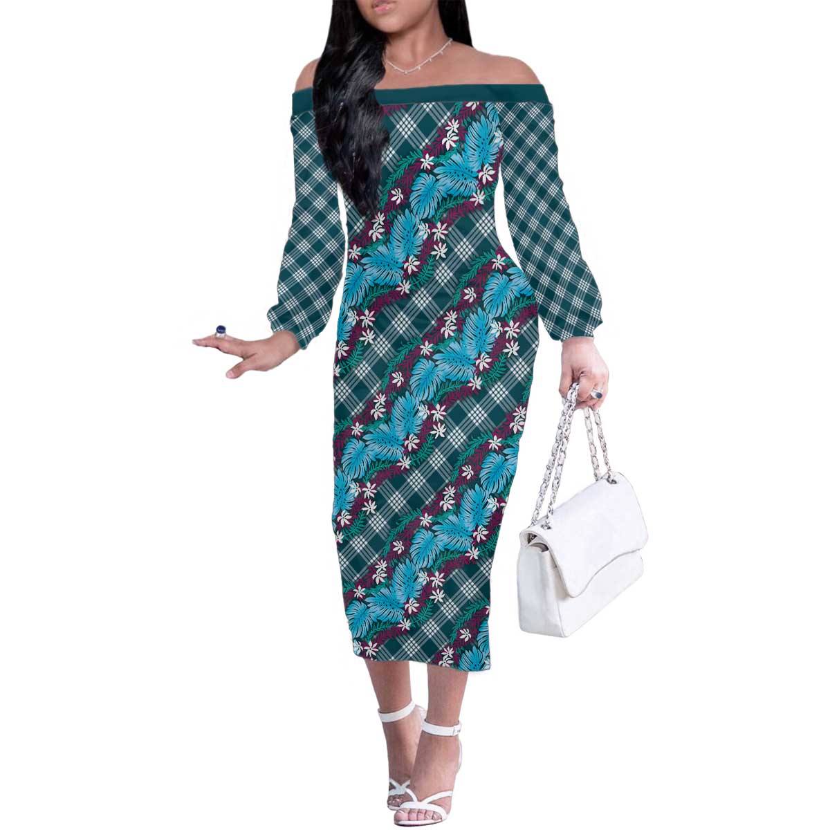 Polynesian Monstera Tiare Floral Family Matching Off The Shoulder Long Sleeve Dress and Hawaiian Shirt Dark Teal Tropical Plaid - Polynesian Pride