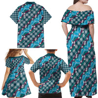 Polynesian Monstera Tiare Floral Family Matching Off Shoulder Maxi Dress and Hawaiian Shirt Dark Teal Tropical Plaid - Polynesian Pride