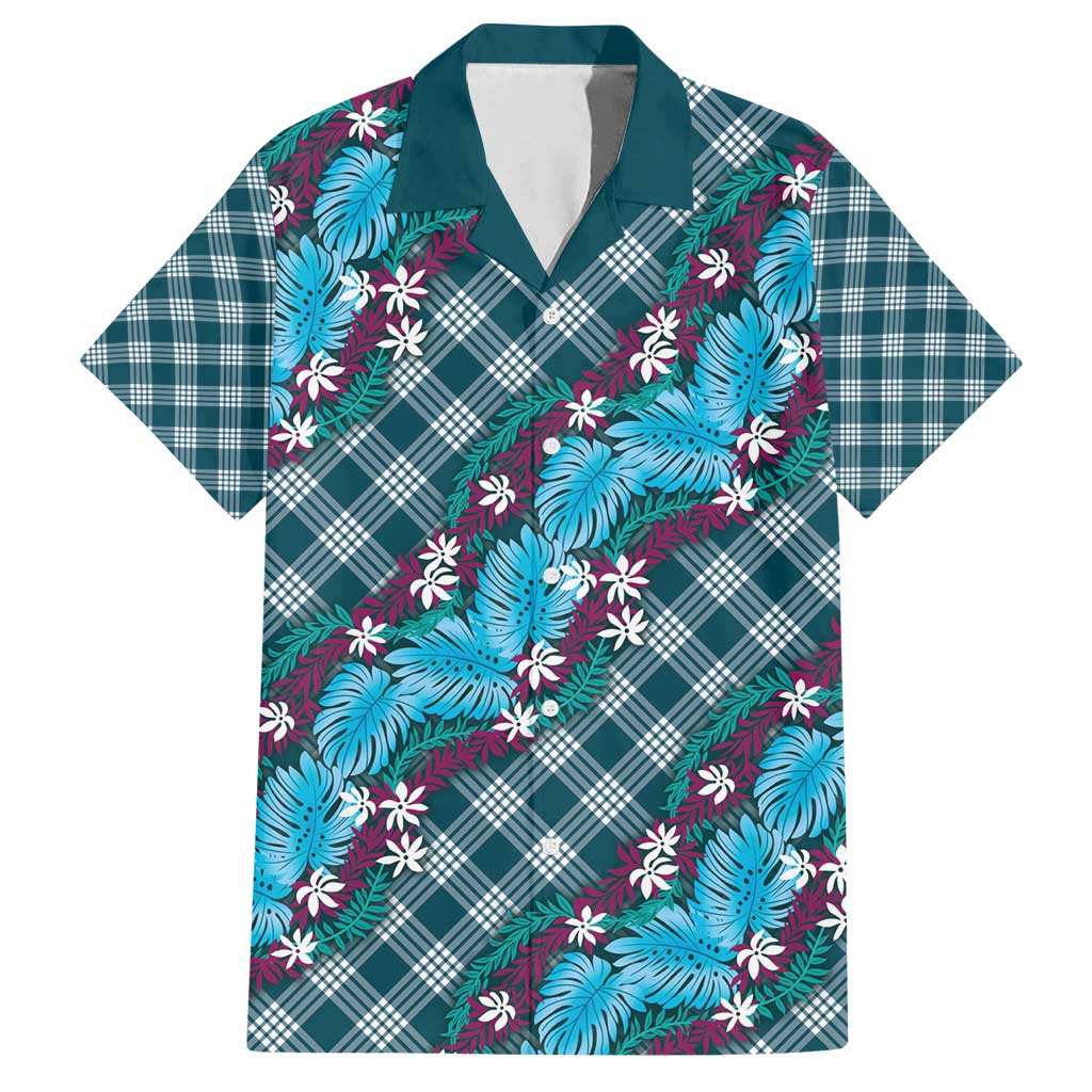 Polynesian Monstera Tiare Floral Family Matching Off Shoulder Maxi Dress and Hawaiian Shirt Dark Teal Tropical Plaid - Polynesian Pride