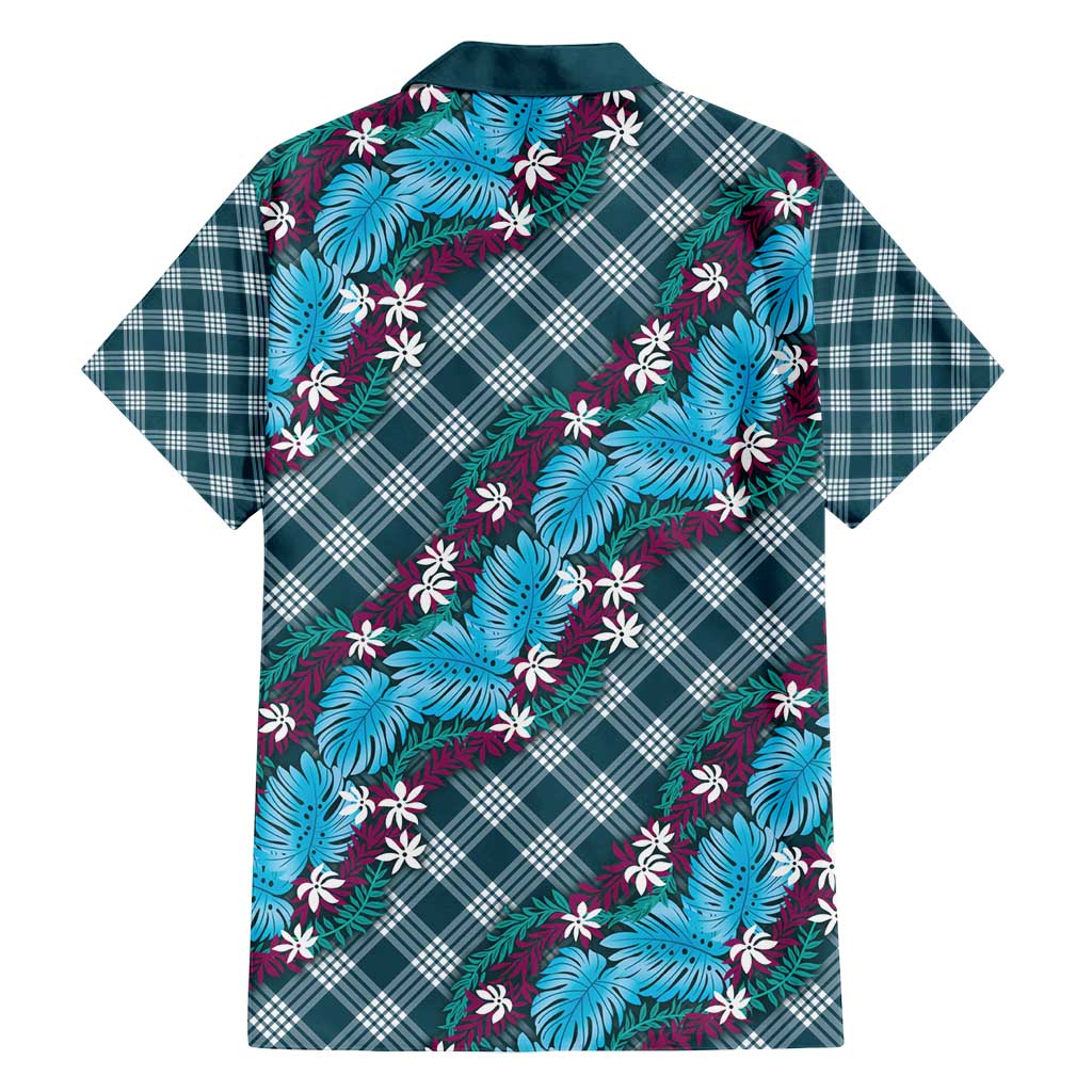 Polynesian Monstera Tiare Floral Family Matching Off Shoulder Short Dress and Hawaiian Shirt Dark Teal Tropical Plaid - Polynesian Pride