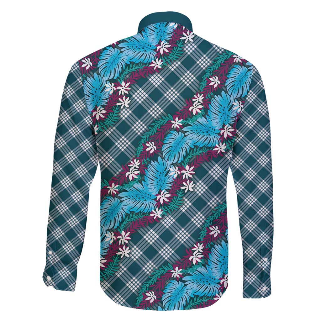 Polynesian Monstera Tiare Floral Family Matching Off Shoulder Short Dress and Hawaiian Shirt Dark Teal Tropical Plaid - Polynesian Pride
