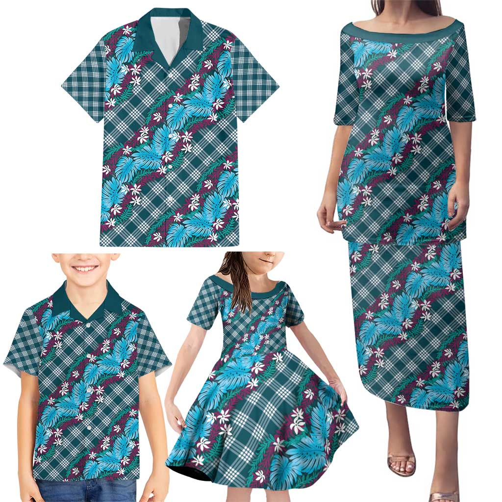 Polynesian Monstera Tiare Floral Family Matching Puletasi and Hawaiian Shirt Dark Teal Tropical Plaid - Polynesian Pride