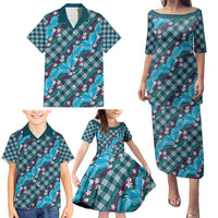 Polynesian Monstera Tiare Floral Family Matching Puletasi and Hawaiian Shirt Dark Teal Tropical Plaid - Polynesian Pride