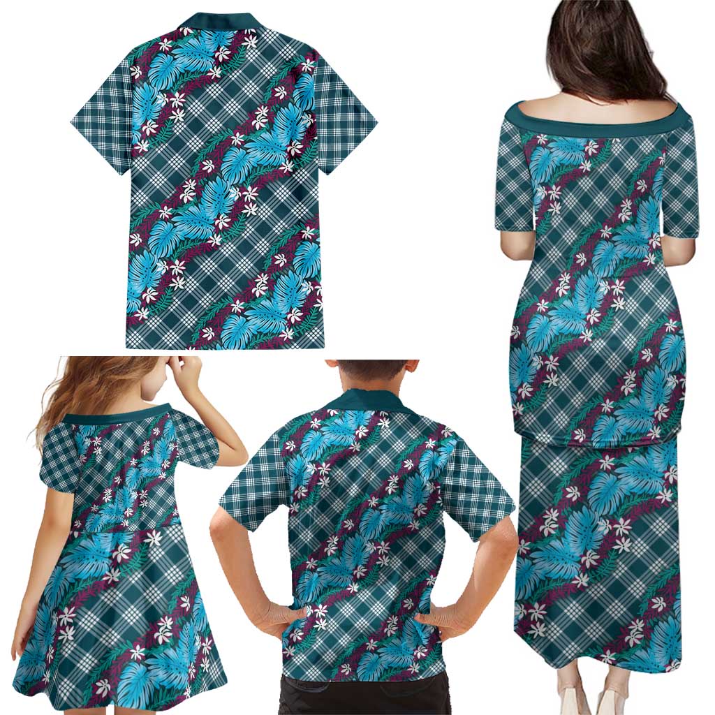 Polynesian Monstera Tiare Floral Family Matching Puletasi and Hawaiian Shirt Dark Teal Tropical Plaid - Polynesian Pride