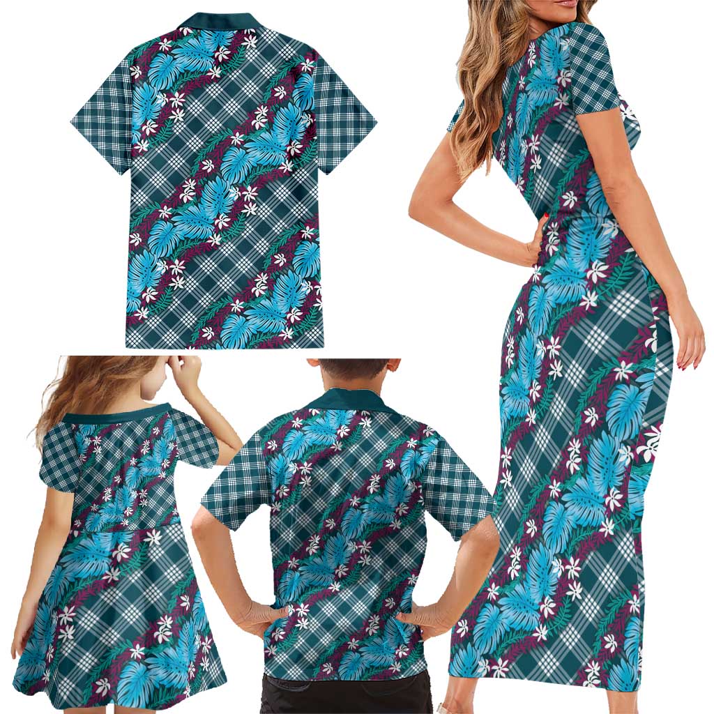 Polynesian Monstera Tiare Floral Family Matching Short Sleeve Bodycon Dress and Hawaiian Shirt Dark Teal Tropical Plaid - Polynesian Pride