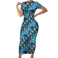 Polynesian Monstera Tiare Floral Family Matching Short Sleeve Bodycon Dress and Hawaiian Shirt Dark Teal Tropical Plaid - Polynesian Pride