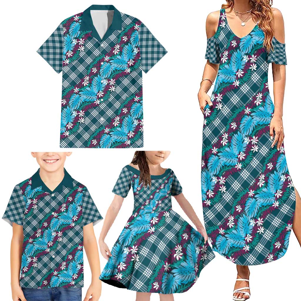 Polynesian Monstera Tiare Floral Family Matching Summer Maxi Dress and Hawaiian Shirt Dark Teal Tropical Plaid - Polynesian Pride