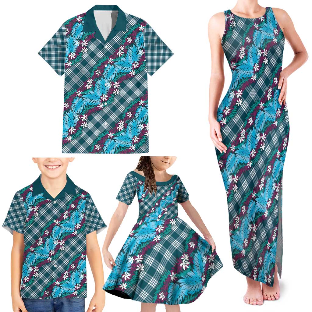 Polynesian Monstera Tiare Floral Family Matching Tank Maxi Dress and Hawaiian Shirt Dark Teal Tropical Plaid - Polynesian Pride