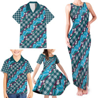 Polynesian Monstera Tiare Floral Family Matching Tank Maxi Dress and Hawaiian Shirt Dark Teal Tropical Plaid - Polynesian Pride