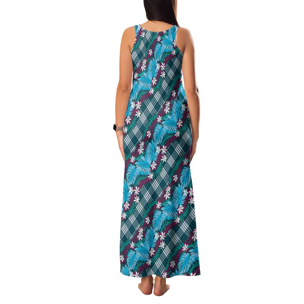 Polynesian Monstera Tiare Floral Family Matching Tank Maxi Dress and Hawaiian Shirt Dark Teal Tropical Plaid - Polynesian Pride
