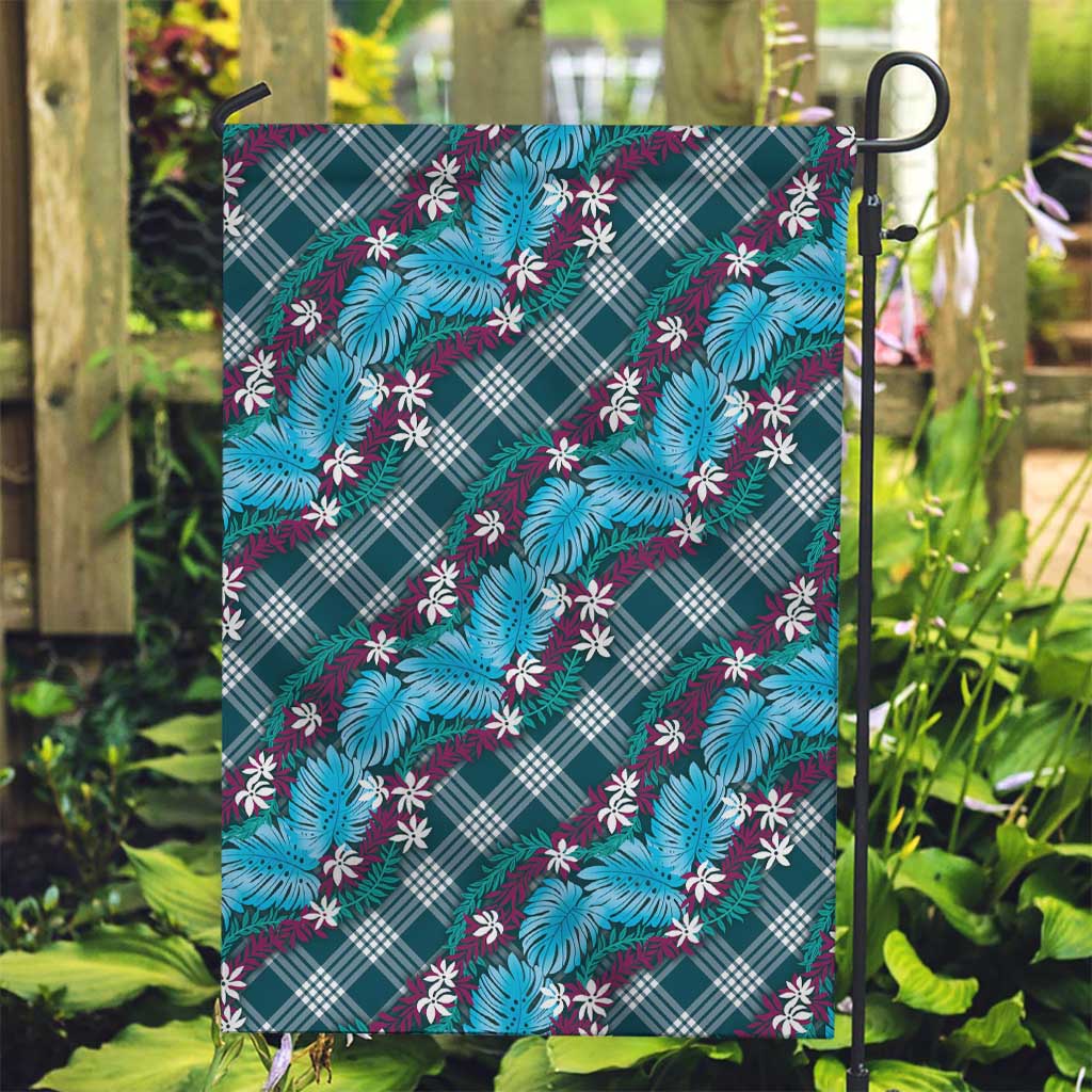 Polynesian Monstera Tiare Floral Garden Flag Dark Teal Tropical Plaid - Polynesian Pride