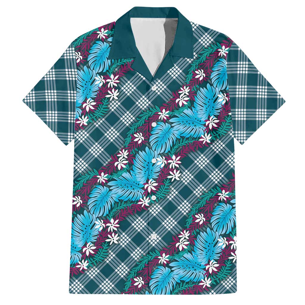 Polynesian Monstera Tiare Floral Hawaiian Shirt Dark Teal Tropical Plaid - Polynesian Pride