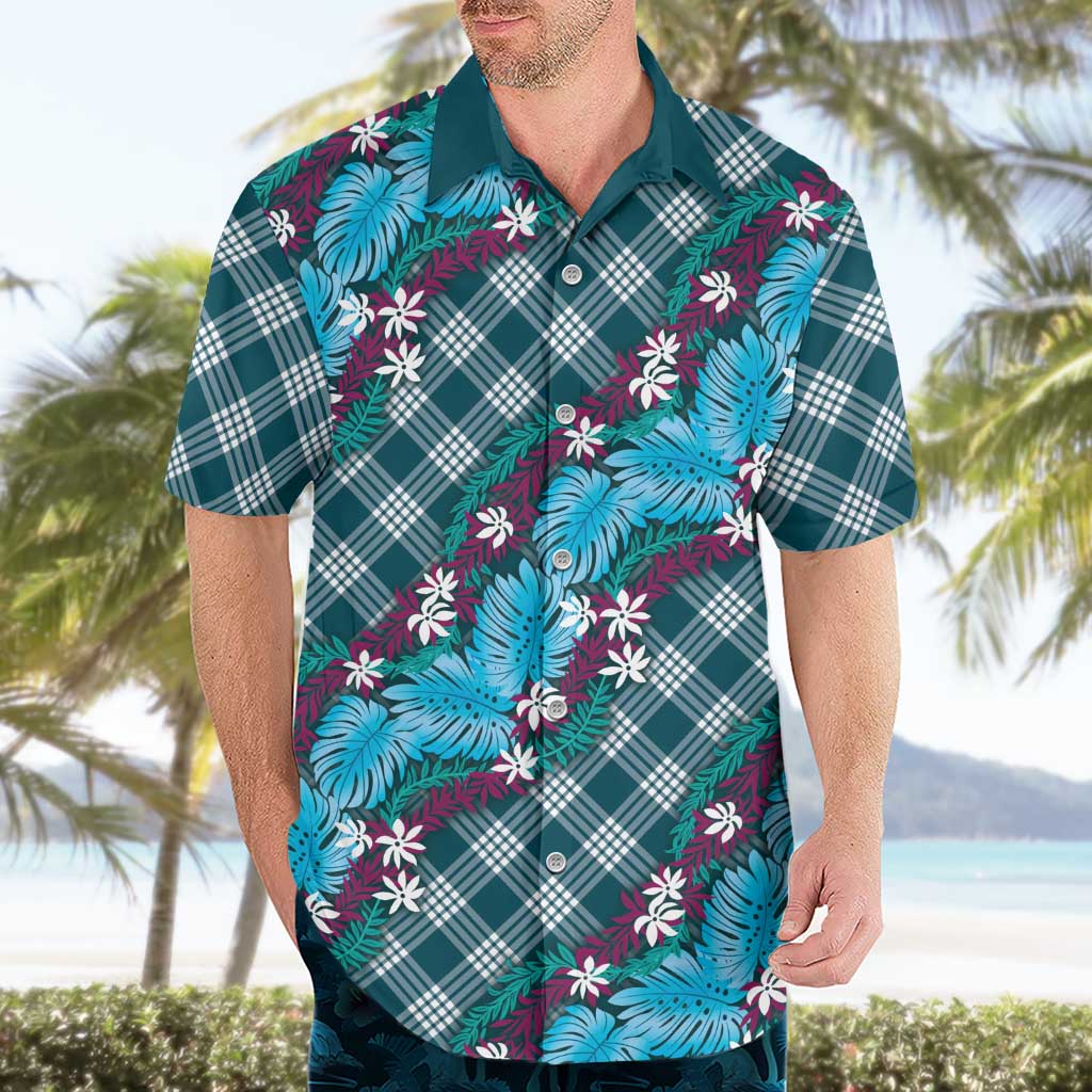 Polynesian Monstera Tiare Floral Hawaiian Shirt Dark Teal Tropical Plaid - Polynesian Pride