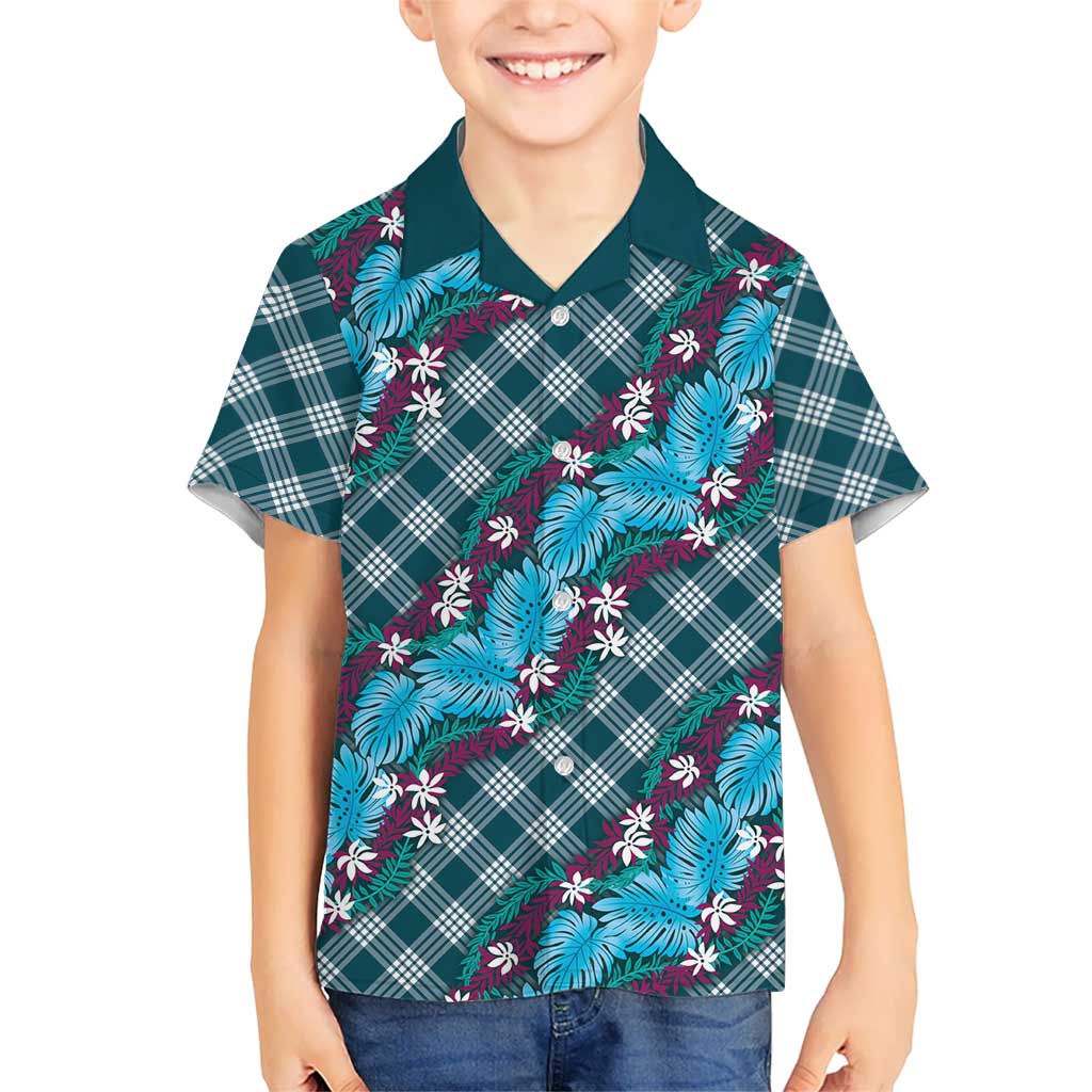 Polynesian Monstera Tiare Floral Hawaiian Shirt Dark Teal Tropical Plaid - Polynesian Pride