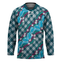 Polynesian Monstera Tiare Floral Hockey Jersey Dark Teal Tropical Plaid - Polynesian Pride
