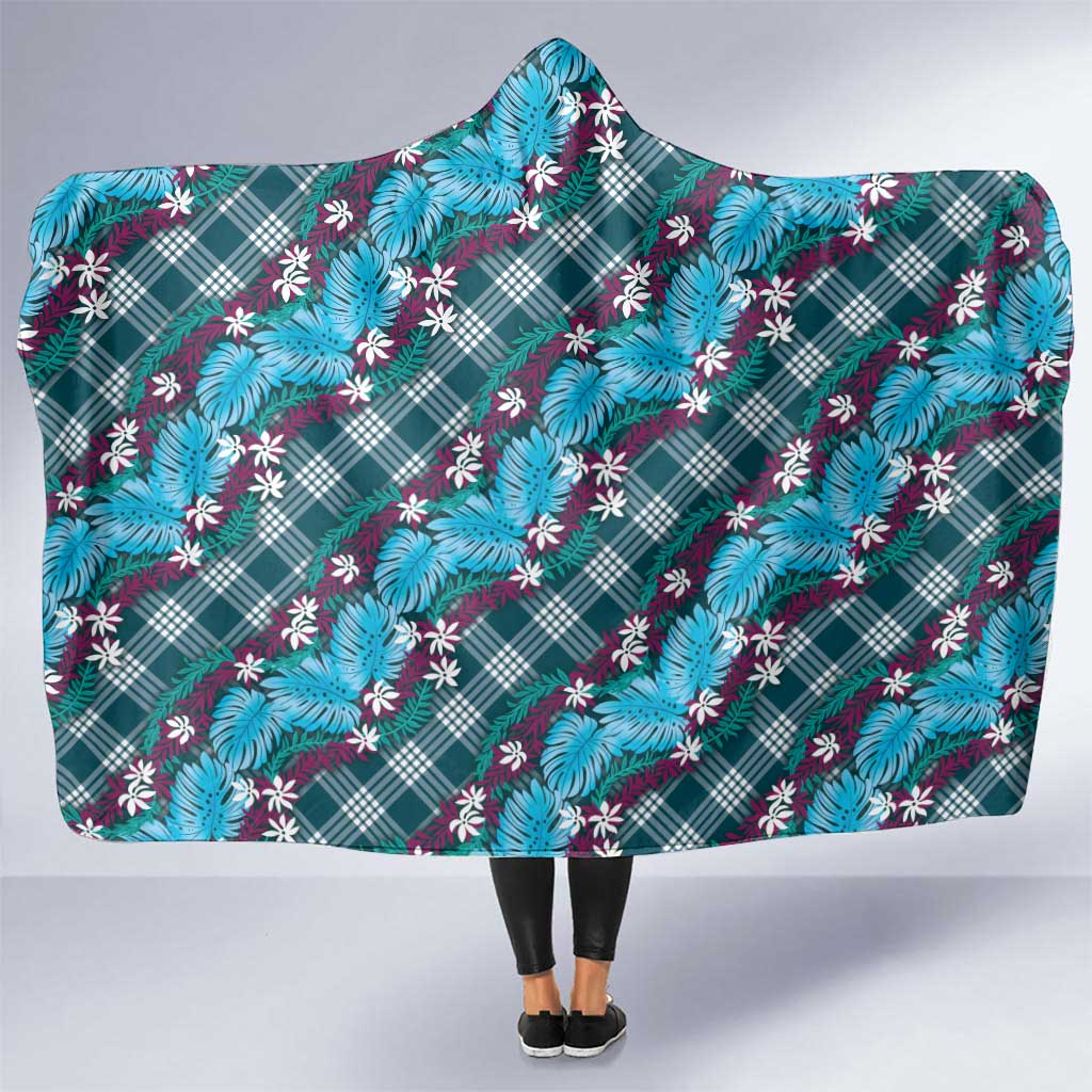 Polynesian Monstera Tiare Floral Hooded Blanket Dark Teal Tropical Plaid - Polynesian Pride